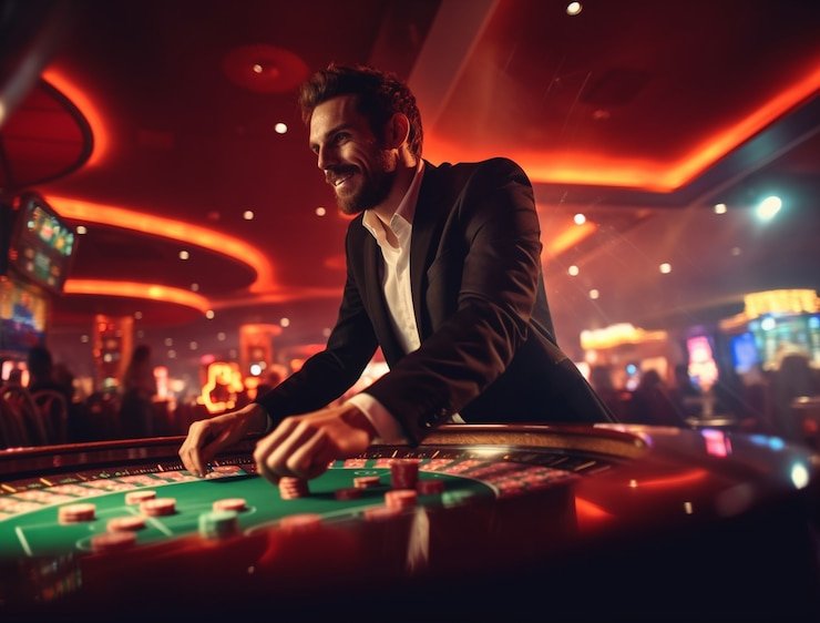 Overhead view of roulette wheel with betting chips